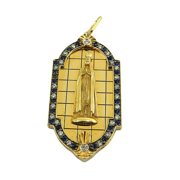 Pingente Nossa Senhora de Fátima Ouro 18K com Brilhantes e Safiras