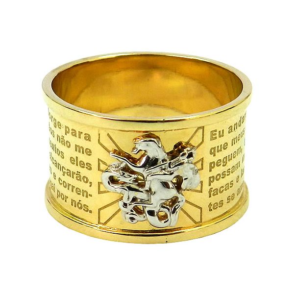 Anel Religioso de Ouro 18K com Oração de São Jorge 