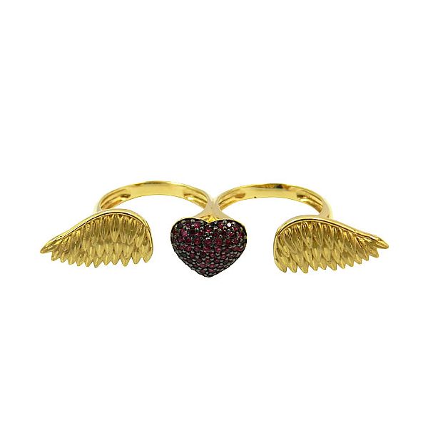 Anel Duplo Coração Alado em Ouro 18K com Rubis