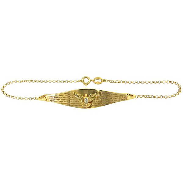 Pulseira Espírito Santo com Oração Pai Nosso Ouro 18K e Brilhantes