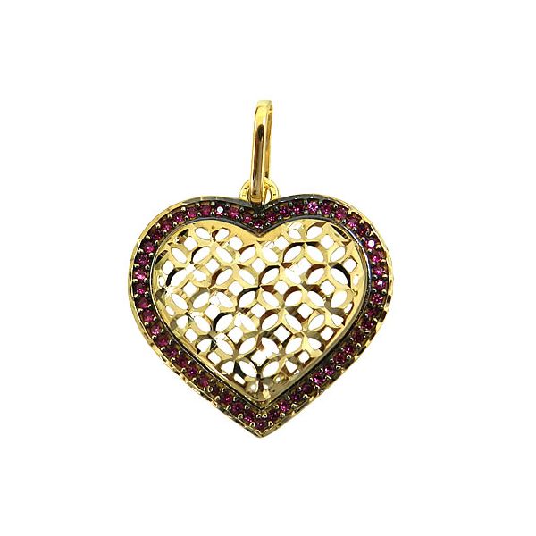 Pingente de Ouro 18K Coração com Pedras Vermelhas
