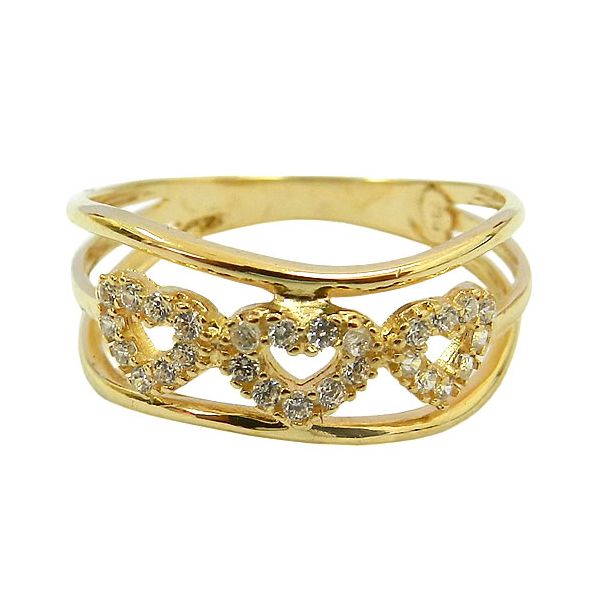 Anel 3 Corações em Ouro 18K cravejado com Zircônias