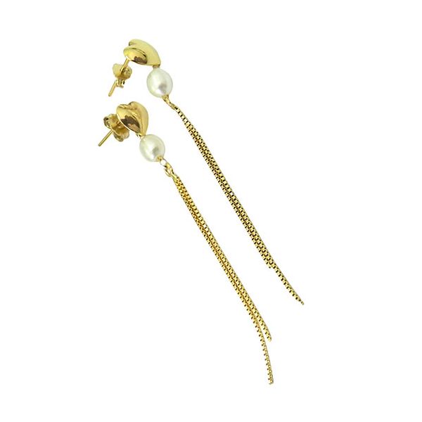 Brinco Longo de Coração em Ouro 18K com Pérolas 