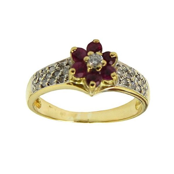 Anel Feminino de Ouro com Brilhantes e Rubis Flor