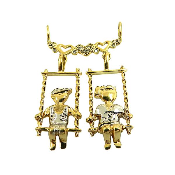 Pingente Duplo Menina e Menino Ouro 18K com Brilhantes