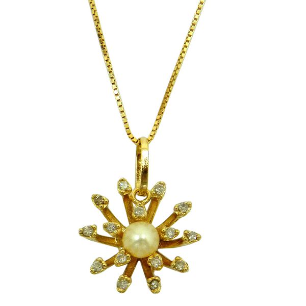 Pingente em Ouro 18k Flor com Pérola e Brilhantes