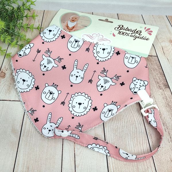 Babador bandana de tecido microfibra e atoalhado com prendedor - rosa