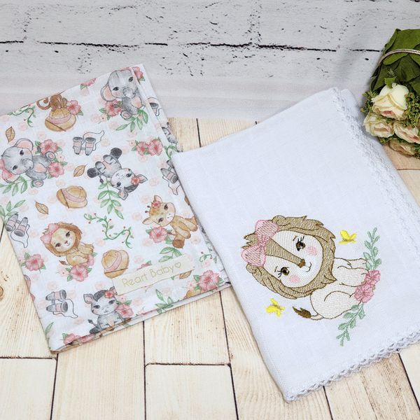 Babitas de fralda bordada e estampada 40x40 - Safari menina