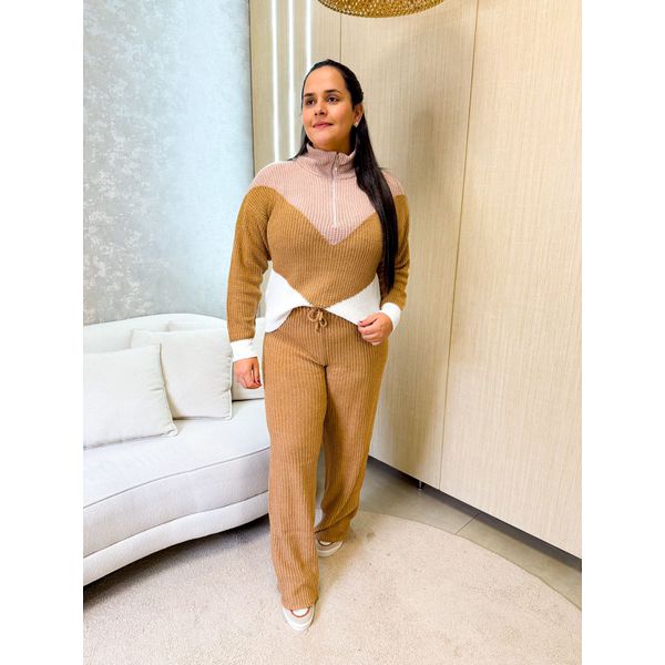 Conjunto Nicoly Tricot Marrom/Rose