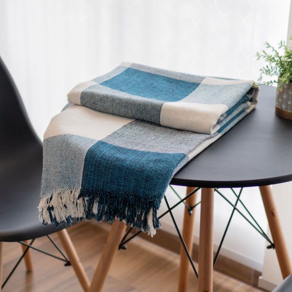 Manta Xadrez Casal Multiuso 100% Algodão Mesclado p/ Cama, Sofá - Bege com Azul