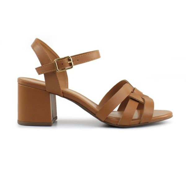 Sandalia Salto Bloco Couro Tiras Camel Ref 09991.09962