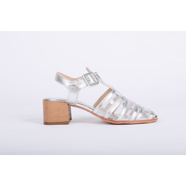Sandalia de Couro Salto Bloco Tela Prata Ref. 09982.09973