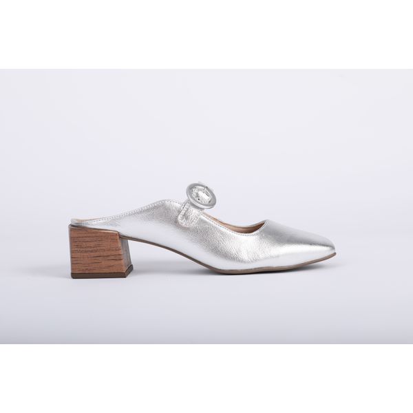 Mule Couro com Salto Bloco Prata Ref. 09491.09952