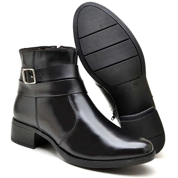 Bota Feminina Cano Baixo Couro Buckle Preta
