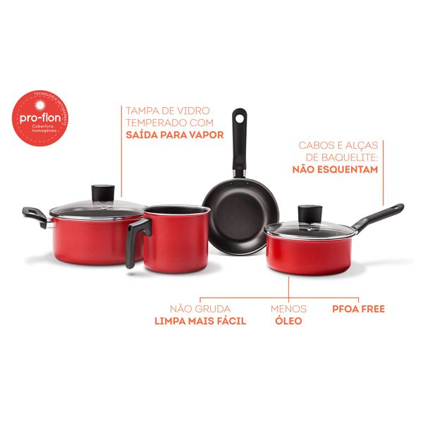 Conjunto Jogo de Panelas 4 Peças Antiaderente Garlic Vermelho Brinox