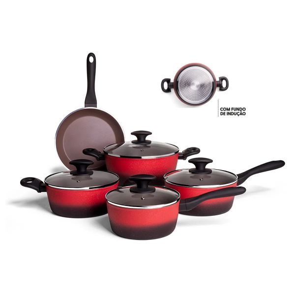 Conjunto Jogo de Panelas 5 Peças Com Fundo De Indução Prime Brinox Vermelho