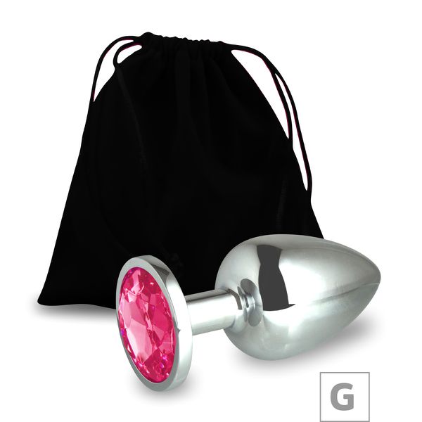 Plug de Metal G Cromado Com Strass 8cm SI (5847) - Pedra Pink