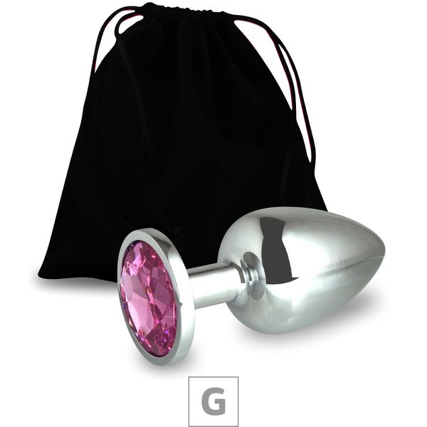 Plug de Metal G Cromado Com Strass 8cm SI (5847) - Pedra Rosa