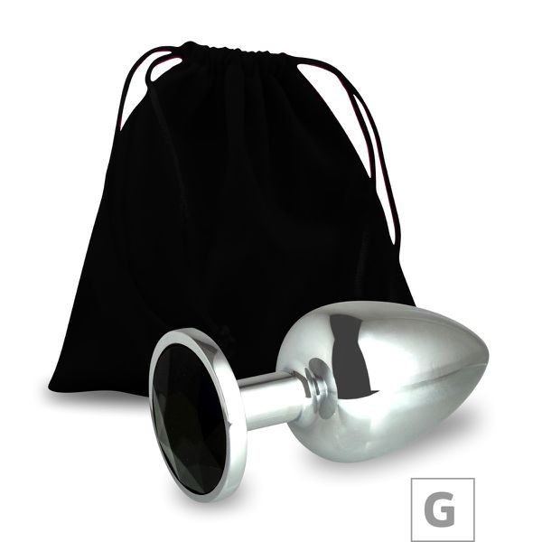 Plug de Metal G Cromado Com Strass 8cm SI (5847) - Pedra Preta