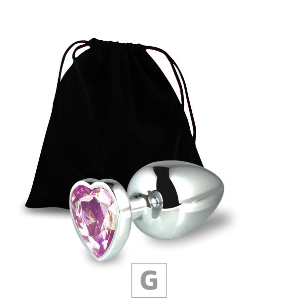Plug de Metal G Com Pedra Formato de Coração 8cm SI (5850) - Pedra Rosa