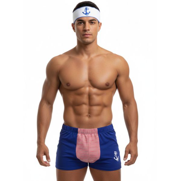 Kit Cueca Listrada Com Quepe de Marinheiro (17967) - Azul C/ Vermelho