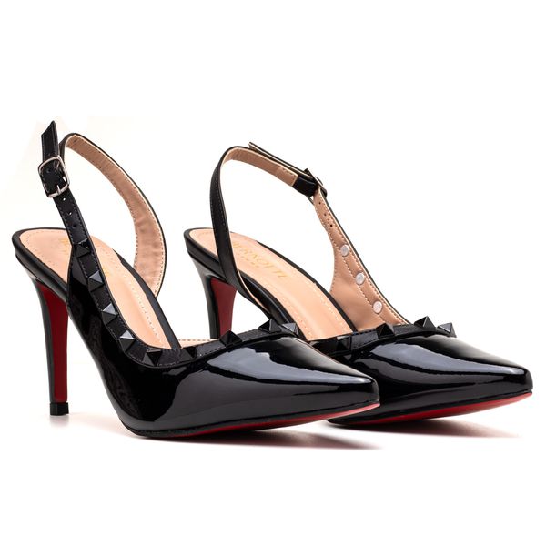 Scarpin Salto Fino Preta Sola Vermelha