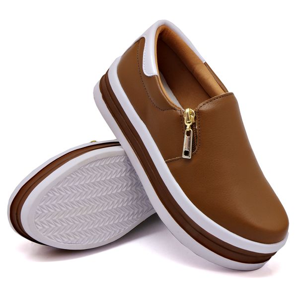 Slip On Zíper Sola Alta Caramelo Verniz Branco DKShoes