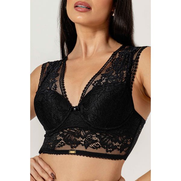 Top Cropped Ritati em Renda com Alças Largas Preto