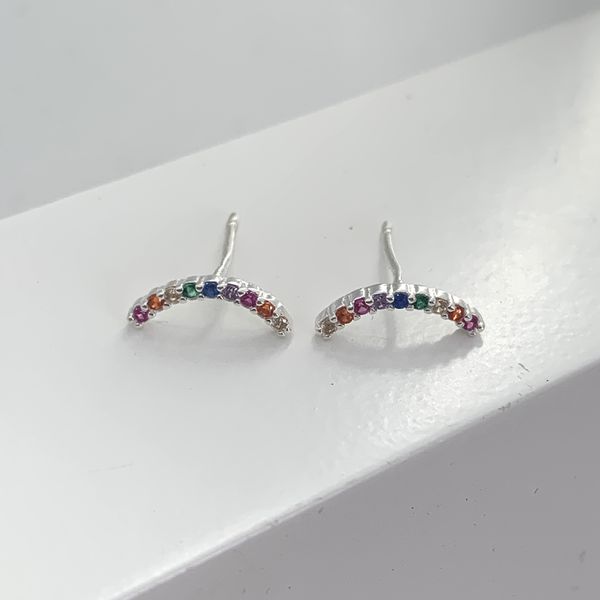 Brinco Palito Curvado Zirconia Colorida Prata 925