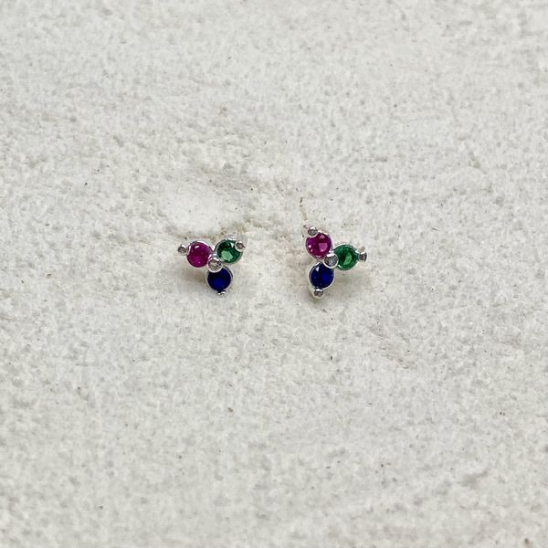Brinco Flor Tres Petalas Colorida Prata 925