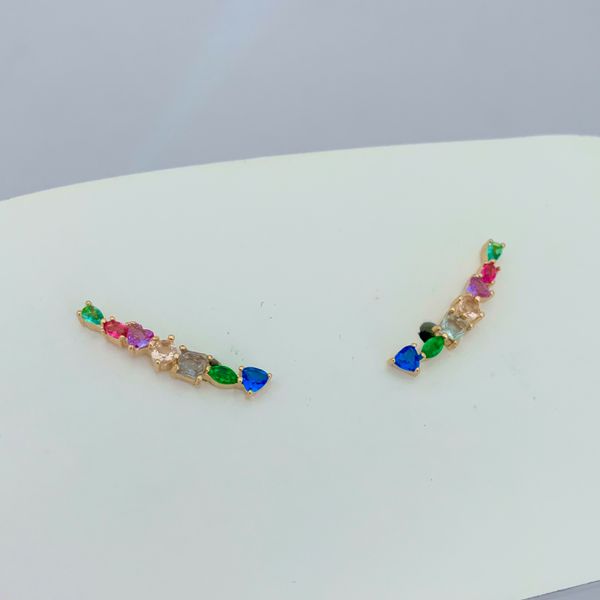 Brinco Ear Cuff Zircônias Coloridas Banho Ouro 18k 