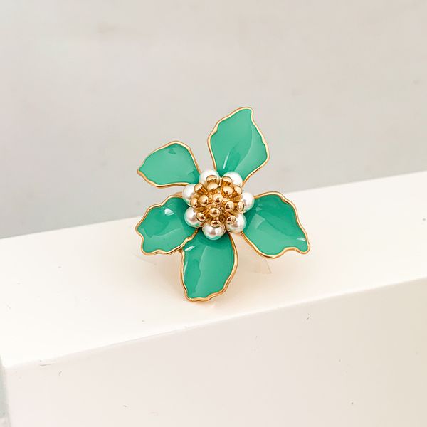 Anel Flor Resina Verde Banhado a Ouro 18k