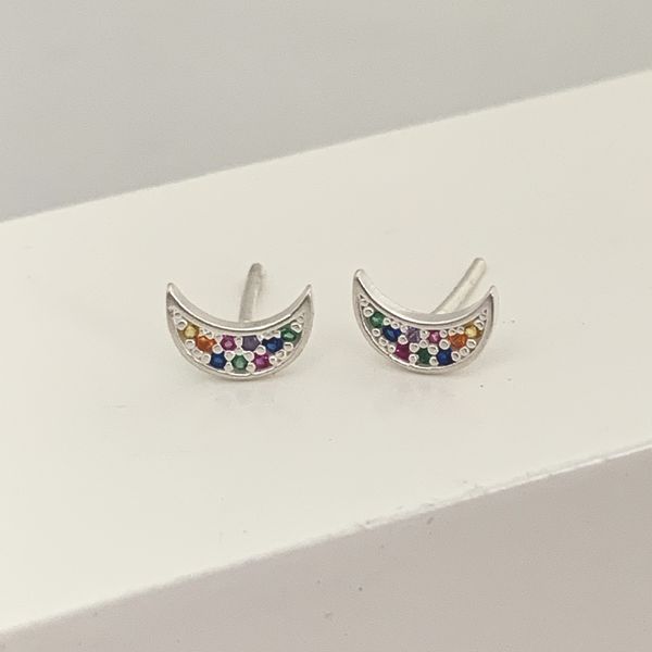 Brinco Lua Cravejado de Zircônia Colorida Prata 925