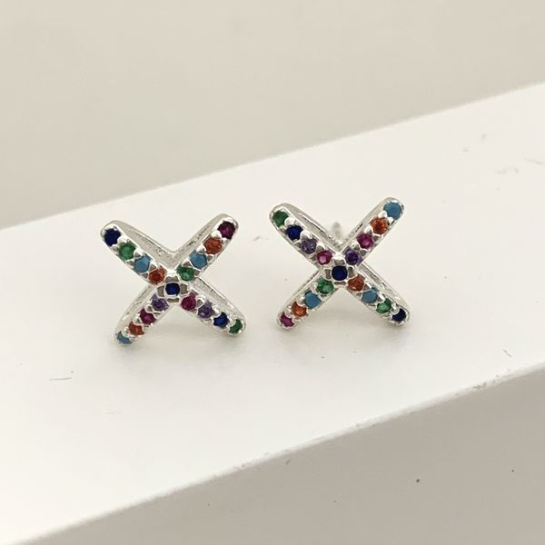 Brinco em X com Zircônia Colorida Prata 925