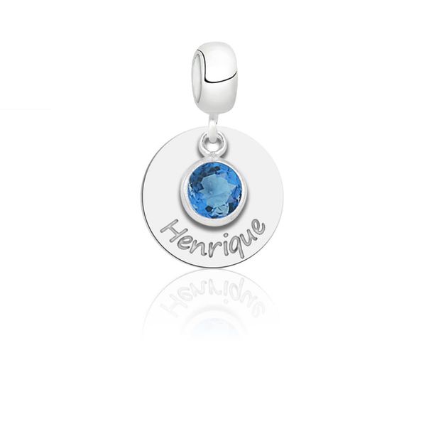 Berloque Personalizado Redondo com Zircônia Azul Prata 925 