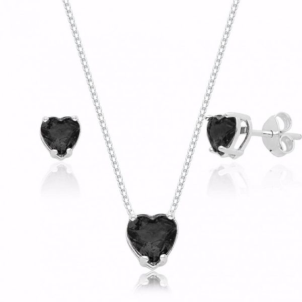 Conjunto Zircônia Coração Preta Prata 925