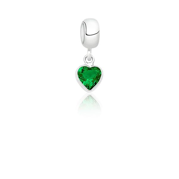 Berloque Zircônia Coração Verde Esmeralda Mês de Aniversario Maio Prata 925