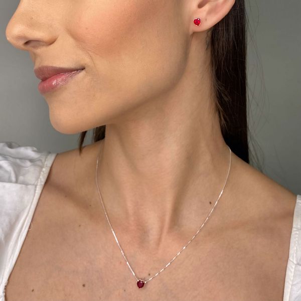 Conjunto Zircônia Coração Vermelho Prata 925