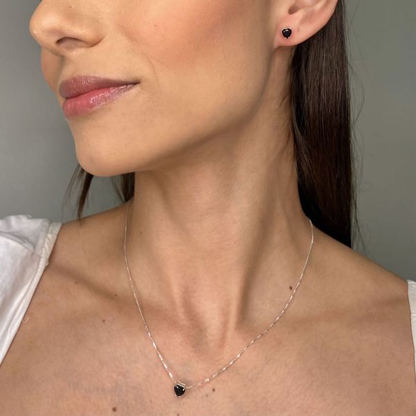 Conjunto Prata Legitima 925 Zircônia Coração Preta 