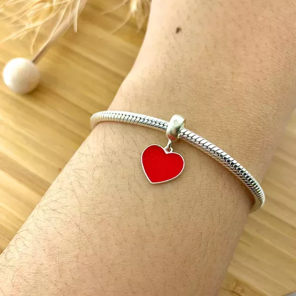 Berloque Prata Legitima 925 Coração Resina Vermelha 