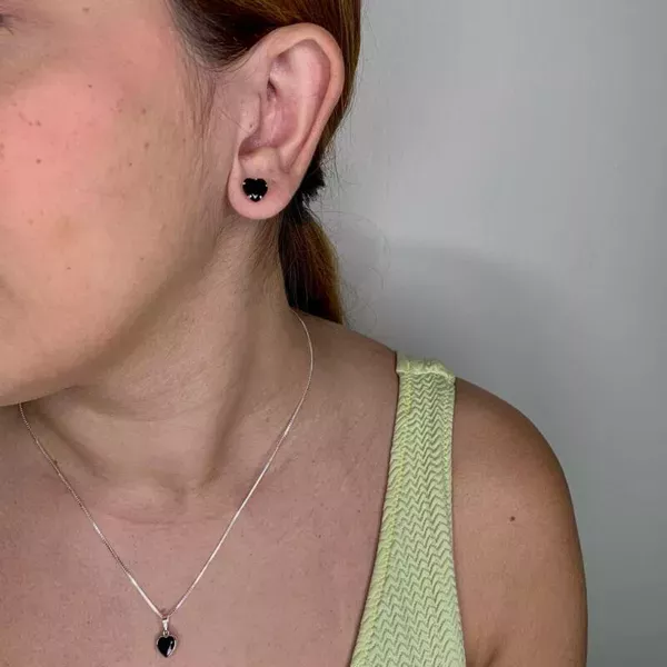 Conjunto Prata Legitima 925 Zircônia Coração Preto 