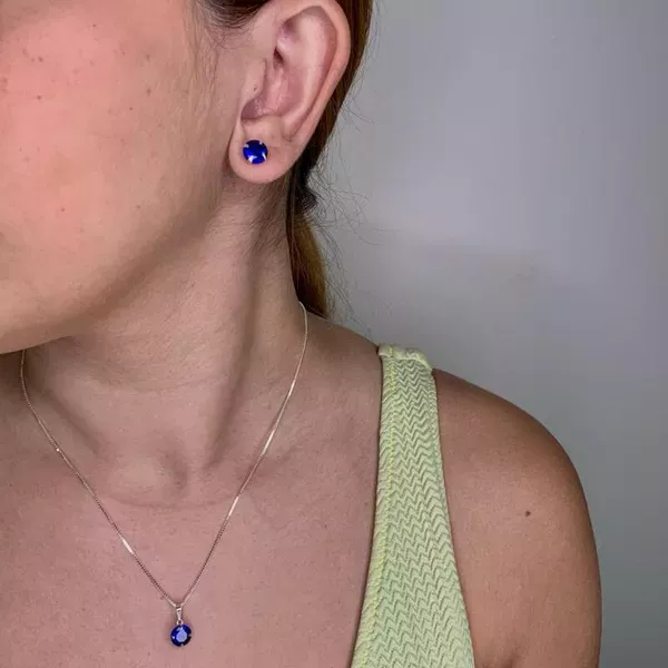 Conjunto Prata Legitima 925 Solitário Zircônia Azul 