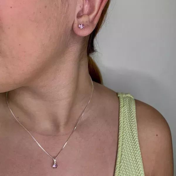 Conjunto Solitário Zircônia Rosa Prata 925