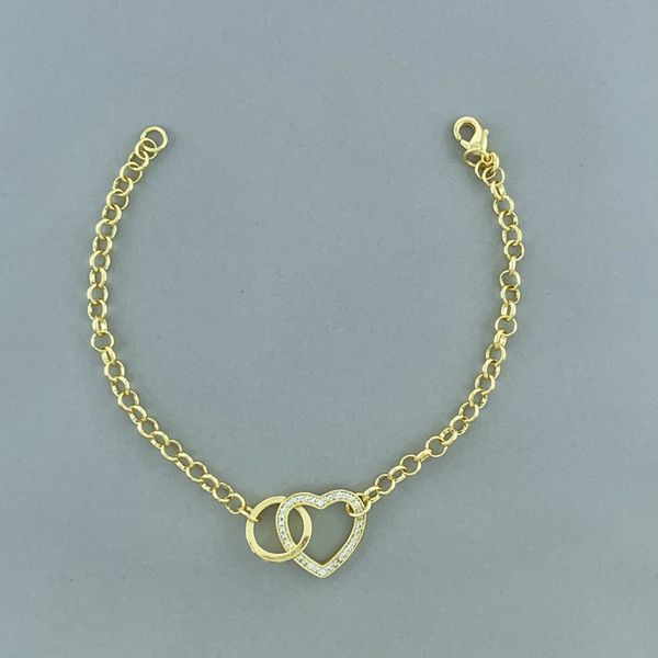 Pulseira Coraçao com Zirconia e Circulo Semijoia Banhada a Ouro 18k