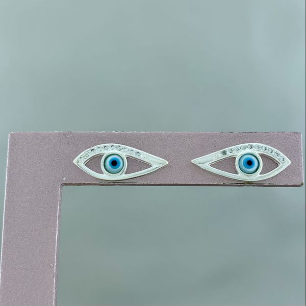 Brinco Prata Legítima 925 Olho Grego Vazado Madreperola com Zirconia