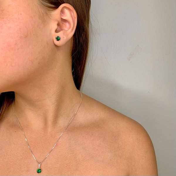 Conjunto Prata Legítima 925 Solitario Verde Esmeralda 6mm Veneziana de 45 cm 