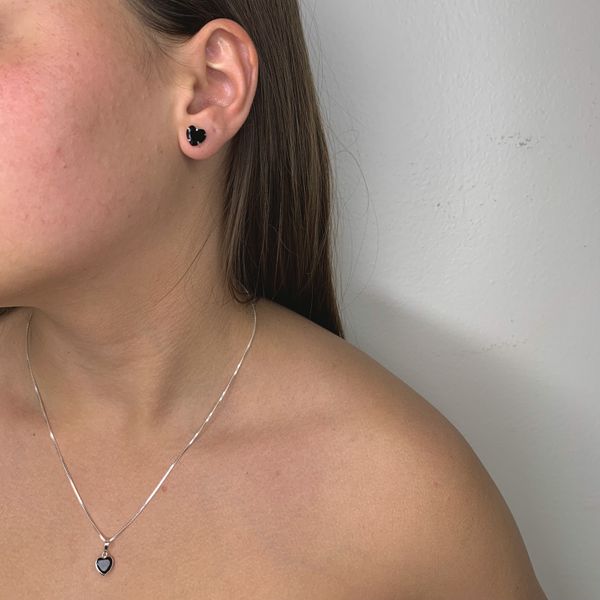 Conjunto Prata Legítima 925 Brinco e Colar Coração Zirconia Preta 8 milímetros 45 cm