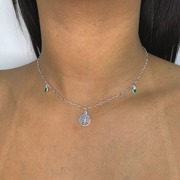 Choker Coração Verde e Arvore da Vida 2,5Gr Prata 925