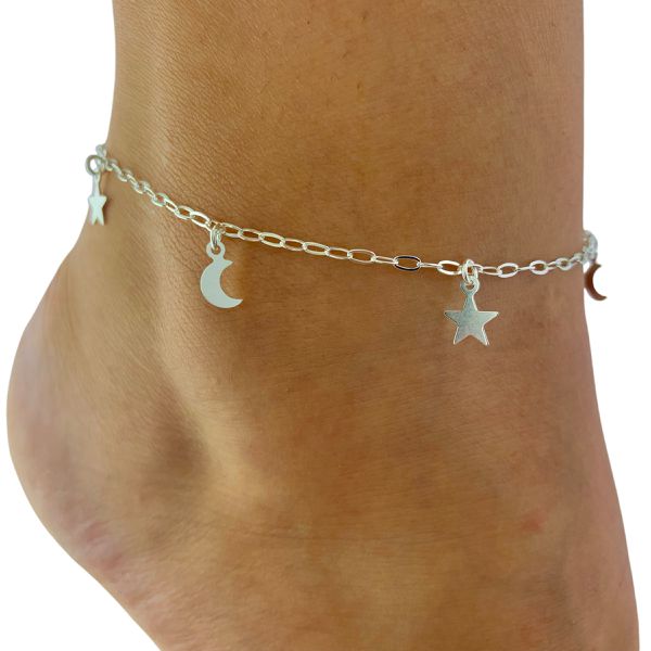 Tornozeleira Prata Legitima 925 Pingentes Lua e Estrela 1,8gr