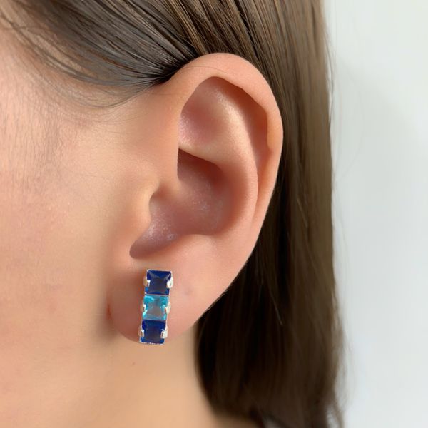 Brinco Prata Legítima 925 Três Quadrados Azul Escuro e Claro 